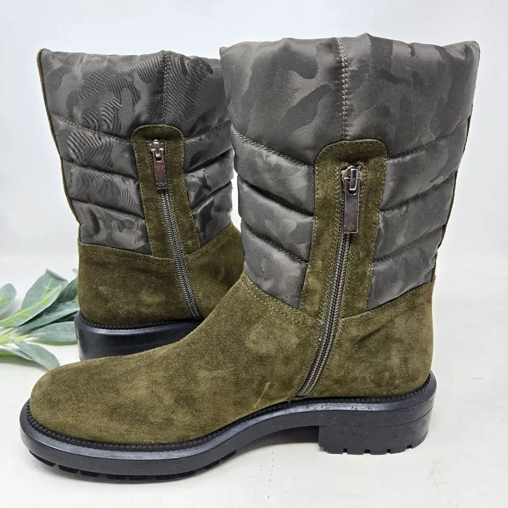 AQUATALIA‎ Lori Waterproof Boots Olive Green Suede | Camo Nylon Size 8